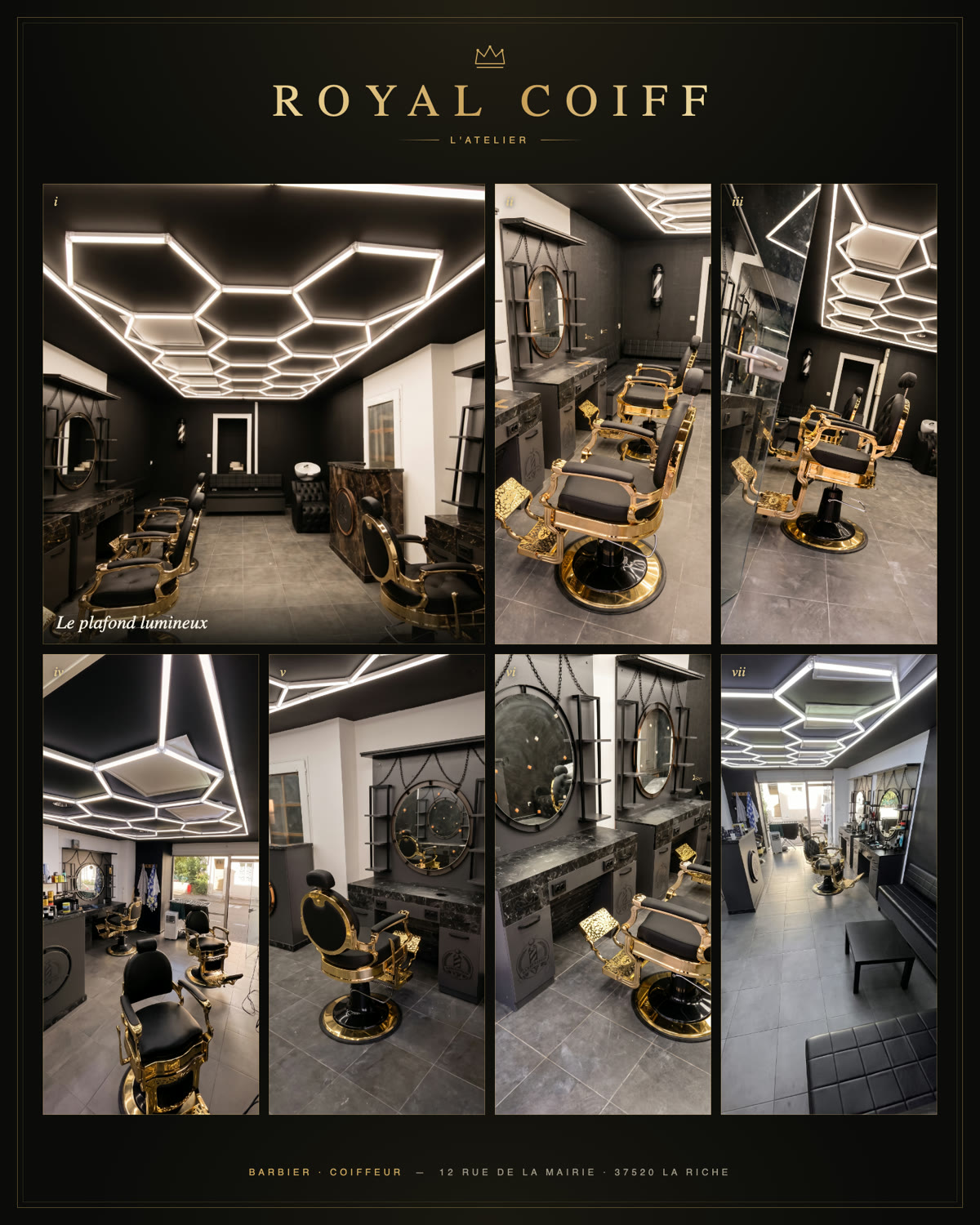 Collage de l'intérieur du salon Royal Coiff : plafond lumineux hexagonal, fauteuils noir et or, miroirs ronds et postes en marbre